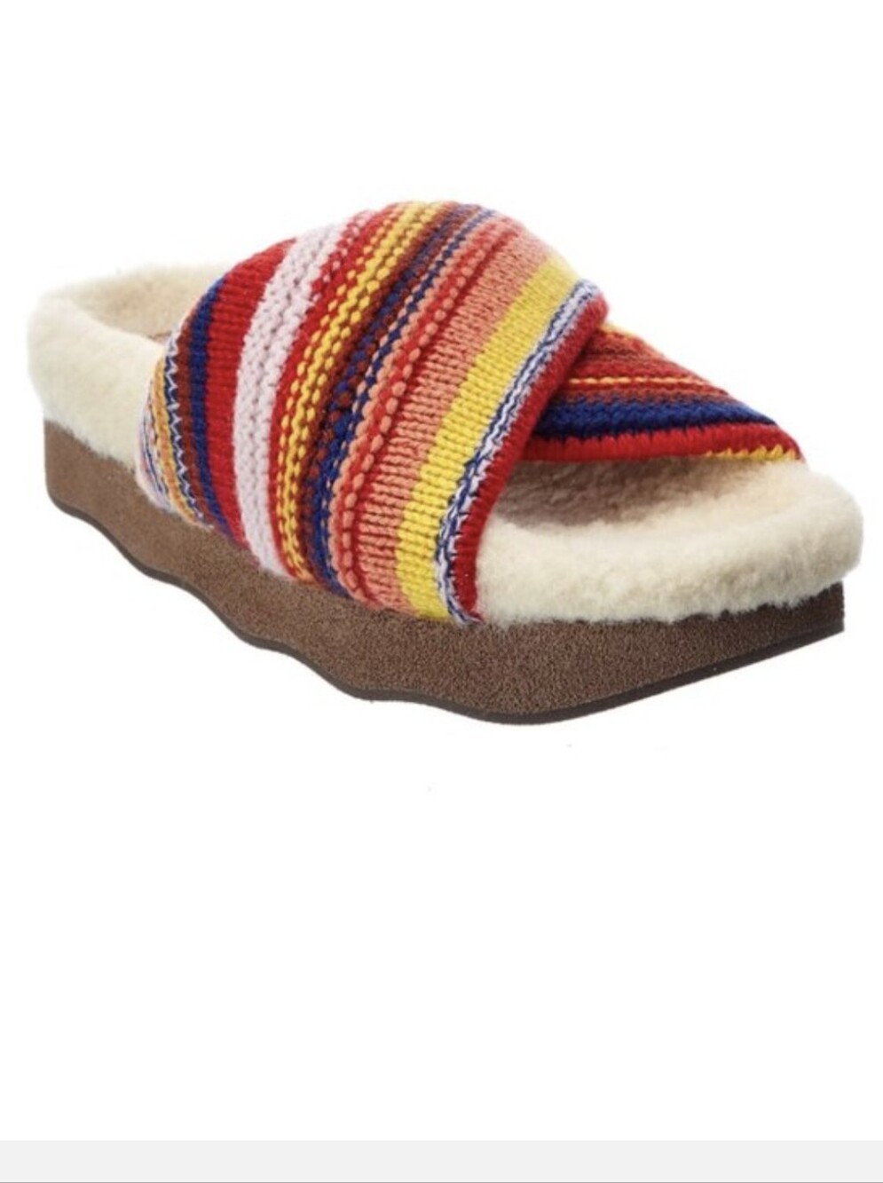 Chloe,Colorful Wavy Striped Knit Slide Slide with Cream Sherpa Footbed, Size 37